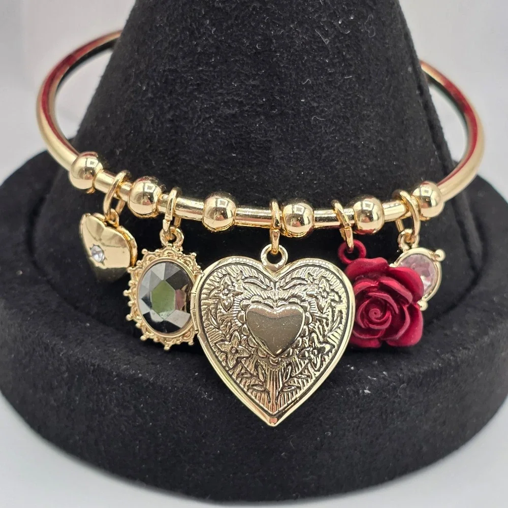 Guess Gold Tone Heart Locket Rose Charm Bangle Bracelet Adjustable Logo Tag